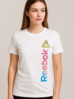 Reebok White Short-Sleeve Tee with Vertical Multicolor Logo